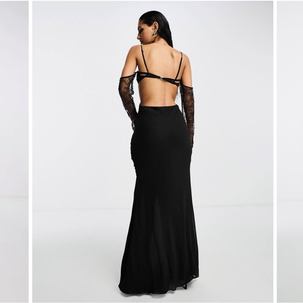 ASOS DESIGN corset detail cold shoulder maxi dress with lace inserts in black - Picture 4 of 8